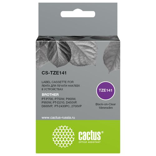 Картридж Cactus CS-TZE141, TZe-141, 18мм, черный шрифт, прозрачный фон, 8м, CS-TZE141