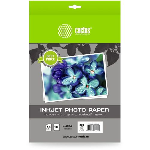 Фотобумага Cactus CS-GA4200100ED, A4, для струйной печати, 100л, 200г/м2, белый, покрытие глянцевое — цена и наличие Фотобумага Cactus CS-GA4200100ED, A4, для струйной печати, 100л, 200г/м2, белый, покрытие глянцевое