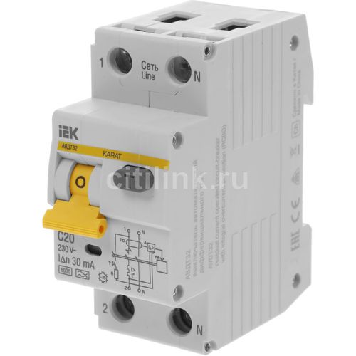 Автоматический выключатель дифф. тока IEK АВДТ 32 (MAD22-5-020-C-30) 20A тип C 6кА 1П+Н 230В 2 модуля белый (упак.:1шт)