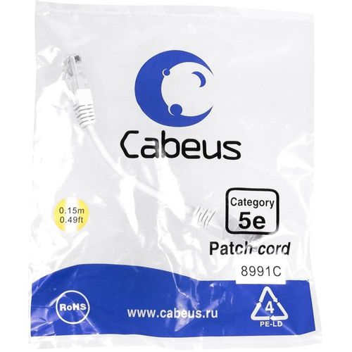 Патч-корд CABEUS PC-UTP-RJ45-Cat.5e-0.15m-WH-LSZH, вилка RJ-45, вилка RJ-45, кат.5E, LSZH, 0.15м, белый
