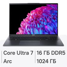 Изображение товара Ноутбук Acer Swift Go 16 SFG16-72-790F 16", IPS, Intel Core Ultra 7 155H 1.4ГГц, 16-ядерный, 16ГБ LPDDR5x, 1ТБ SSD,  Intel Arc, Windows 11 Home, металлический [nx.kubcd.001]