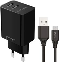 Изображение товара Сетевое зарядное устройство PERO TC02,  2xUSB-A,  microUSB, 10.5Вт, 2.1A, черный [тс02bl2am]