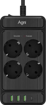 Сетевой фильтр AGNI TP-FS4U4E-PD, 2м, черный [tp-fs4u4e-pd-2m-black]