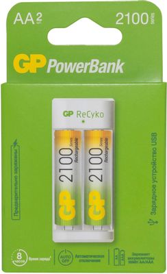 AA/AAA Аккумуляторная батарейка + Зарядное устройство GP PowerBank E211210AAHC-2CRB2,  2 шт. 2100мAч