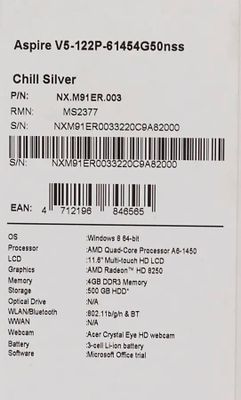 Ноутбук Acer Aspire V5-122P-61454G50nss, 11.6", AMD A6 1450 1ГГц.