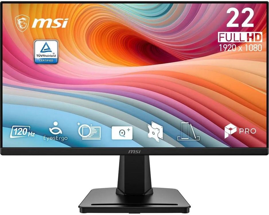 Монитор 21.5" MSI PRO MP225 E12L IPS 1920x1080, 120 Гц, 4 мс (GtG), 16:9, 300 кд/м², HDMI, VGA, Flicker Free, Low Blue Light, Adaptive-Sync, наклон экрана, VESA 100x100, слот для замка, черный