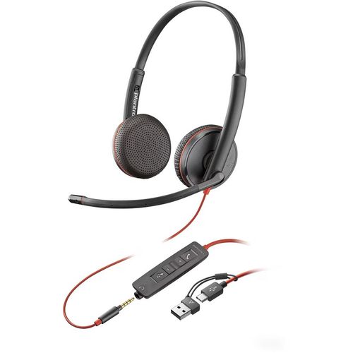 Гарнитура POLY Blackwire 3200 3225, для компьютера, накладные, проводные USB/3,5 мм, черный / красный [8x229a6]