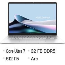 Изображение товара Ноутбук ASUS Zenbook 14 UX3405CA-ST1352, 14", OLED, Intel Core Ultra 7 255H 2ГГц, 16-ядерный, 32ГБ LPDDR5x, 512ГБ SSD,  Intel Arc  140T, без операционной системы,  серебристый [90nb14w2-m01zp0]