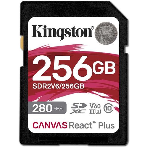 Карта памяти SDXC UHS-II Kingston Canvas React Plus 256 ГБ, 280 МБ/с, Class 10, SDR2V6/256GB, 1 шт., без адаптера