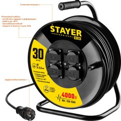 Удлинитель силовой Stayer 55076-30_z01, розеток 4шт, 3x2.5 кв.мм, 30м, КГ, катушка, черный