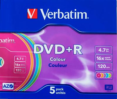 Оптический диск DVD+R Verbatim 4.7ГБ 16x, 5шт., slim case, разноцветные [43556]