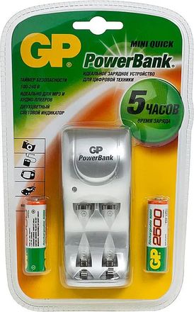 AA Аккумуляторная батарейка + Зарядное устройство GP PowerBank GPPB25GS250-CR2,  2 шт. 2450мAч