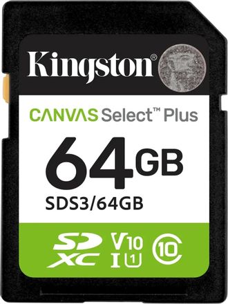 Карта памяти SDXC UHS-I U1 Kingston Canvas Select Plus 64 ГБ, 100 МБ/с, Class 10, SDS3/64GB, 1 шт., без адаптера