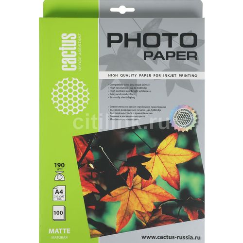 Фотобумага Cactus CS-MA4190100 A4/190г/м2/100л. матовая для струйной печати