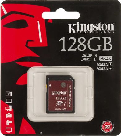 Карта памяти SDXC UHS-I Kingston 128 ГБ, Class 10, SDA3/128GB, 1 шт., без адаптера