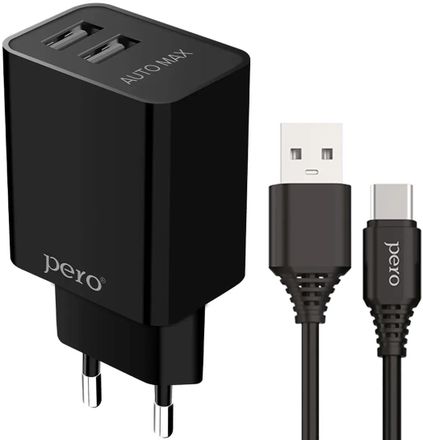 Сетевое зарядное устройство PERO ТС02,  2xUSB-A,  USB-C, 10.5Вт, 2.1A, черный [тс02bl2at]