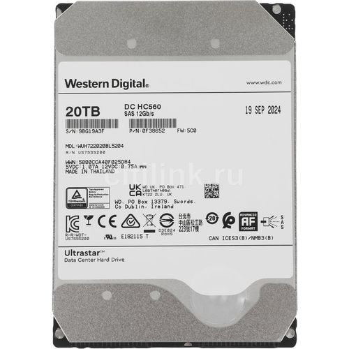 20ТБ Жесткий диск WD Ultrastar DC HC560 WUH722020BL5204, SAS 3.0, 3.5", 7200об/мин [0f38652]