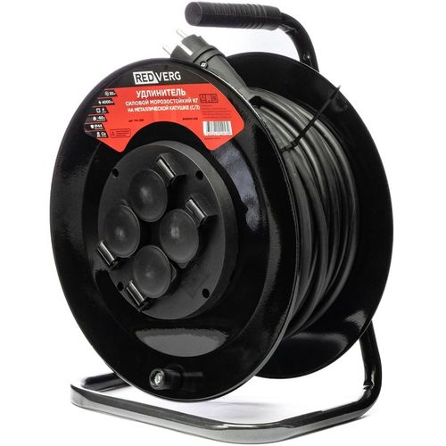 Удлинитель силовой REDVERG MA-290, розеток 4шт, 3×1.0 кв.мм, 16A, 30м, КГ, катушка, черный