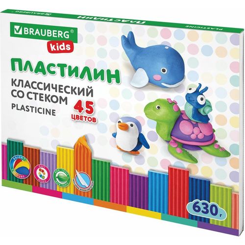 Пластилин BRAUBERG 106680, классический, 45 цветов, 630грамм, картонная коробка, ассорти