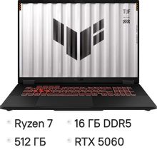 Изображение товара Ноутбук игровой ASUS TUF Gaming A18 FA808UM-S8050, 18", 2025, IPS, AMD Ryzen 7 260 3.8ГГц, 8-ядерный, 16ГБ DDR5, 512ГБ SSD,  NVIDIA GeForce  RTX 5060 для ноутбуков - 8 ГБ, TGP 115Вт,  без операционной системы,  серый [90nr0nn1-m00310]
