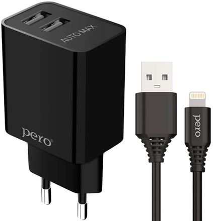 Сетевое зарядное устройство PERO TC02,  2xUSB-A,  8-pin Lightning, 10.5Вт, 2.1A, черный [тс02bl2al]