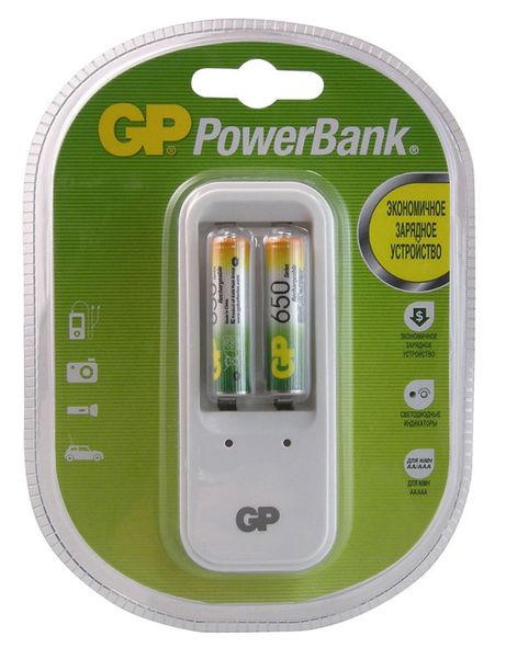 AAA Аккумуляторная батарейка + Зарядное устройство GP PowerBank PB410GS65,  2 шт. 650мAч