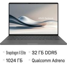 Изображение товара Ноутбук ASUS Zenbook 14 UX3407RA-QD038W, 14", OLED, Qualcomm Snapdragon X Elite X1E-78-100 3.4ГГц, 12-ядерный, 32ГБ LPDDR5x, 1ТБ SSD,  Qualcomm Adreno, Windows 11 Home,  серый [90nb16g2-m00360]