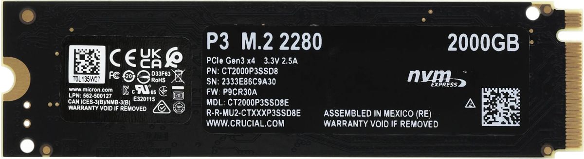 2ТБ SSD накопитель Crucial P3 CT2000P3SSD8 M.2 2280, PCIe 3.0 x4