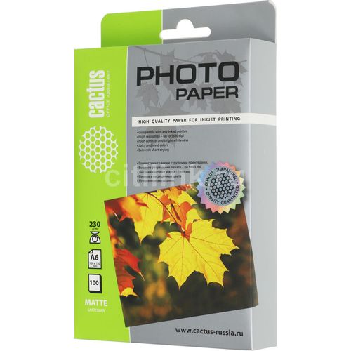 Фотобумага Cactus CS-MA6230100, A6, для струйной печати, 100л, 230г/м2, белый, покрытие матовое