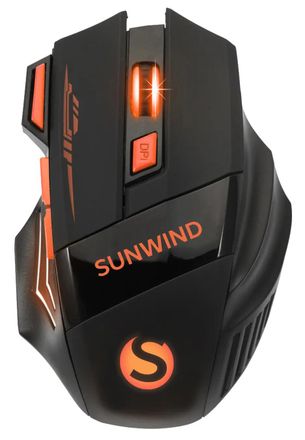 Мышь беспроводная SunWind SW-M715GW, игровая, радио, оптическая, USB, 1600dpi, черный и оранжевый [1422408]