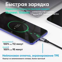 Кабель UGREEN US255, USB Type-C (m) - USB Type-C (m), 0.5м, серый / черный