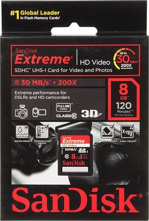 Карта памяти SDHC UHS-I Sandisk Extreme 8 ГБ, 30 МБ/с, Class 10, SDSDX-008G-X46,  1 шт., без адаптера