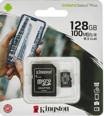 Карта памяти microSDXC UHS-I U1 Kingston Canvas Select  Plus 128 ГБ, 100 МБ/с, Class 10, SDCS2/128GB,  1 шт., переходник SD