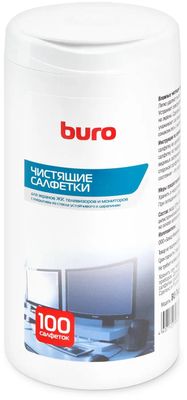 Влажные салфетки Buro BU-Tscrl,  100 шт (туба) для экранов ЭЛТ мониторов/плазменных/ЖК телевизоров/мониторов с покрытием из стекла