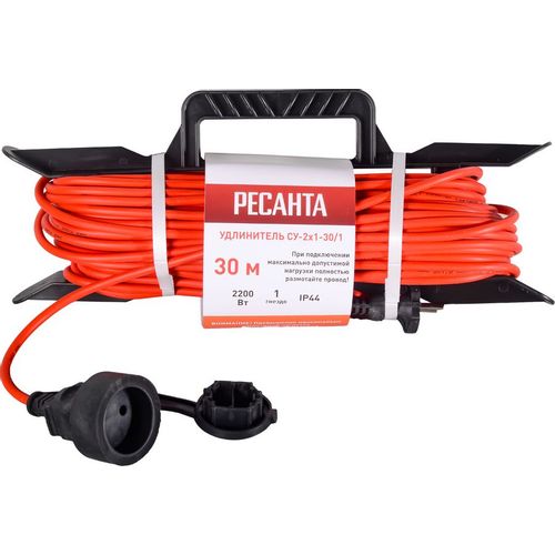 Удлинитель силовой Ресанта СУ-2х1-30/1 (IP44), розеток 1шт, 2×1.0 кв.мм, 30м, ПВС, рамка пластиковая, красный [61/118/3]