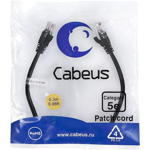 Патч-корд CABEUS PC-UTP-RJ45-Cat.5e-0.3m-BK-LSZH, вилка RJ-45, вилка RJ-45, кат.5E, LSZH, 0.3м, черный