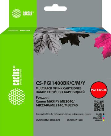 Картридж Cactus CS-PGI1400BK/C/M/Y, черный / голубой / пурпурный / желтый / CS-PGI1400BK/C/M/Y