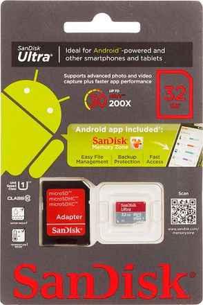 Карта памяти microSDHC UHS-I Sandisk Ultra Android 32 ГБ, Class 10, SDSDQUA-032G-U46A,  1 шт., переходник SD
