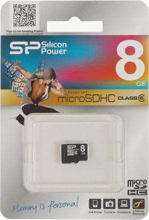 Карта памяти microSDHC Silicon Power 8 ГБ, 6 МБ/с, Class 6, SP008GBSTH006V10,  1 шт., без адаптера