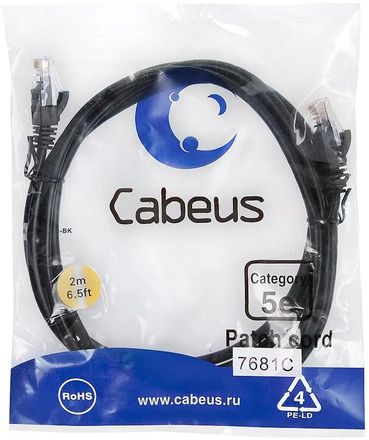 Патч-корд CABEUS вилка RJ-45,  вилка RJ-45,  кат.5E,  LSZH,  2м,  черный [pc-utp-rj45-cat.5e-2m-bk-lszh]