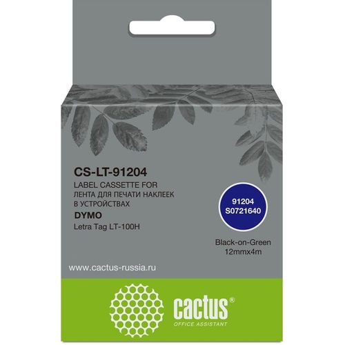 Картридж Cactus CS-LT-91204, 91204, 12мм, черный шрифт, зеленый фон, 4м, CS-LT-91204