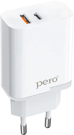 Сетевое зарядное устройство PERO TC05,  USB-A,  USB-C, 18Вт, 3.1A, белый [тс05whpd]