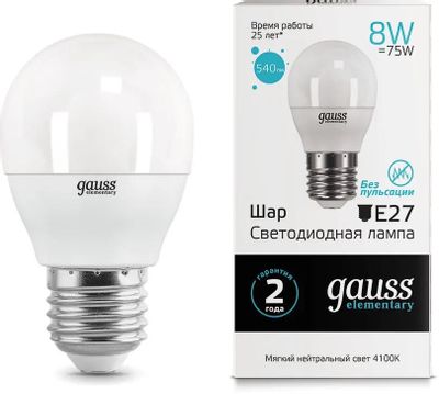 Обзор товара лампа LED GAUSS E27, шар, 8Вт, одна шт. [53228] (1395257 ...