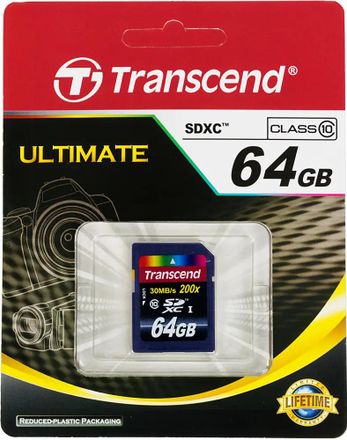 Карта памяти SDXC Transcend 64 ГБ, Class 10, TS64GSDXC10, 1 шт., без адаптера