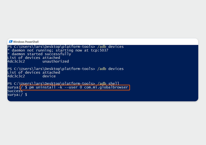 В строке /pm uninstall -k --user 0 вместо name.of.package подставьте название приложения. Оно будет удалено