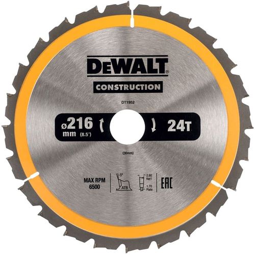 Пильный диск DeWALT DT1952-QZ, 216мм, 1.7мм, 30мм, по дереву