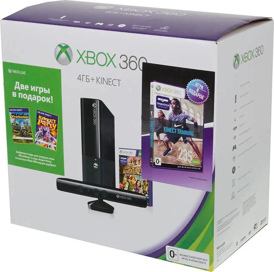 Ответы на вопросы о товаре игровая консоль Microsoft Xbox 360 E +4 игры:  Kinect Nike Fitness, Kinect Adventures, Kinect Party (код), Wreckateer  (код) N6V-00012, 4ГБ (889468) в интернет-магазине СИТИЛИНК