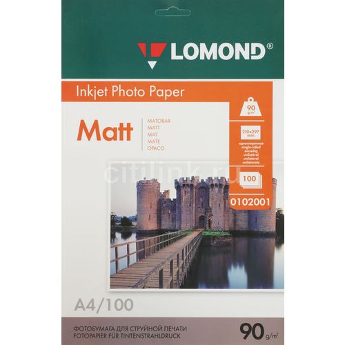 Фотобумага Lomond A4, для струйной печати, 100л, 90г/м2, белый, покрытие матовое [0102001]