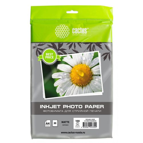 Фотобумага Cactus CS-MA410020EDS, A4, для струйной печати, 20л, 100г/м2, белый, покрытие матовое /матовое