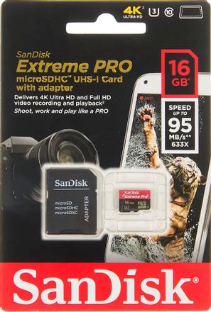 Карта памяти microSDHC UHS-I U3 Sandisk Extreme Pro 16 ГБ, 95 МБ/с, 633X, Class 10, SDSDQXP-016G-X46, 1 шт., переходник SD